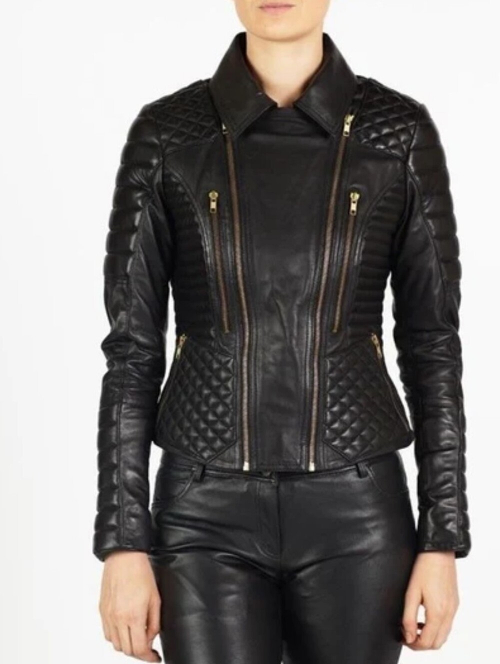 Women's Black Quilted Panel Lamb Nappa Leather Jacket